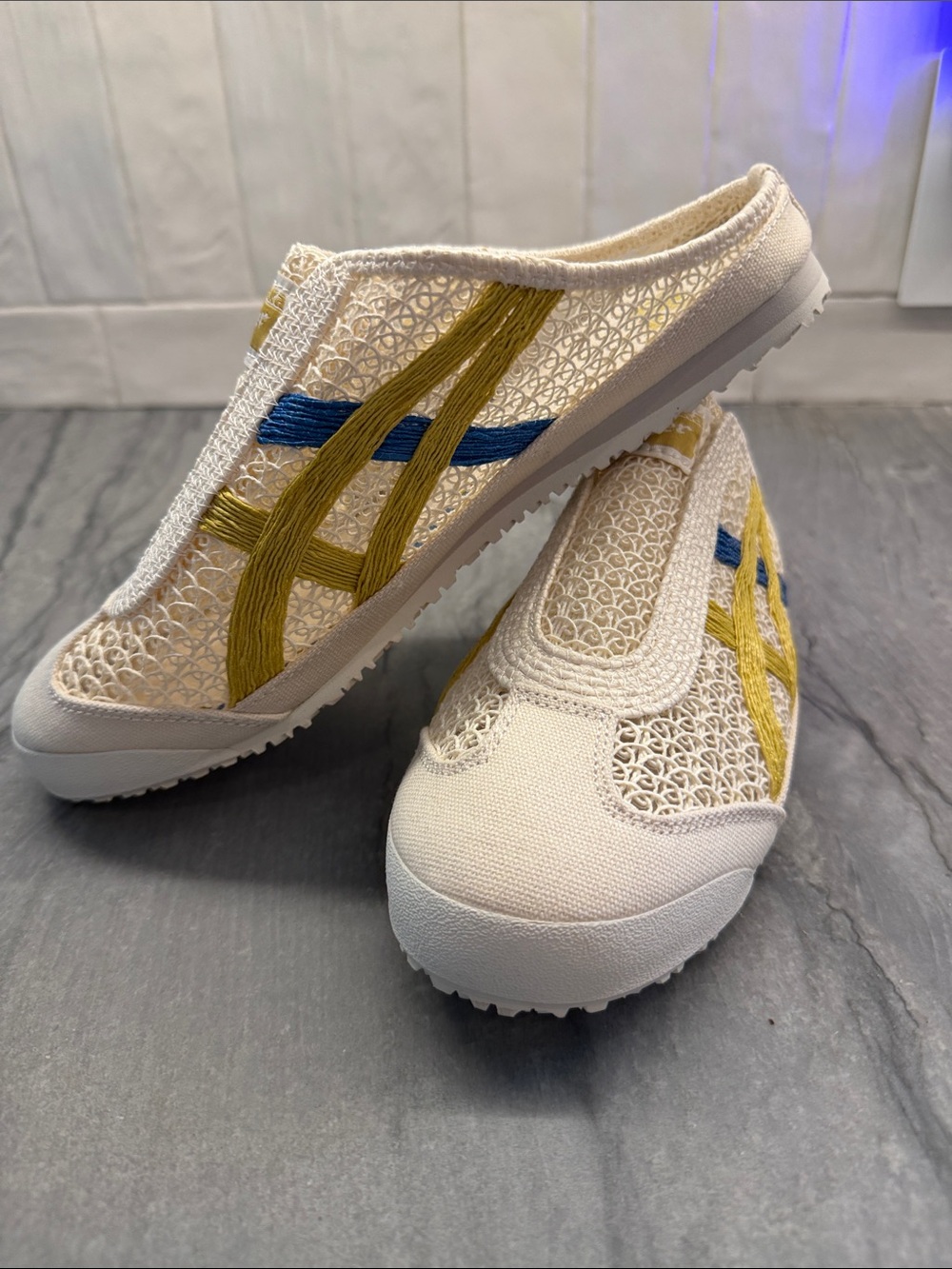 Onitsuka Tiger by Asics Cream Mesh Slip-On Sneakers with Yellow and Blue Stripes